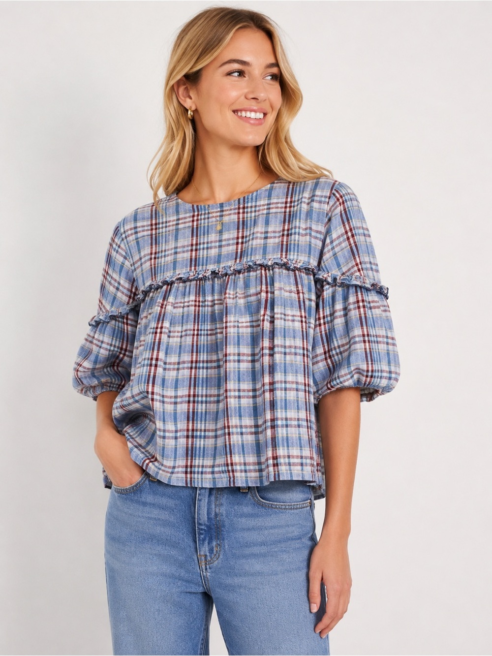 Madewell Ruffle-Yoke Top in Maria Plaid Ocean Cotton Linen Blouse L Cottagecore